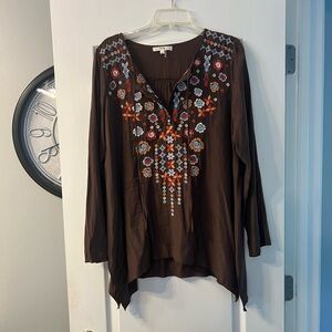 Andree brown embroidery boho, peasant, hippie brown top size L